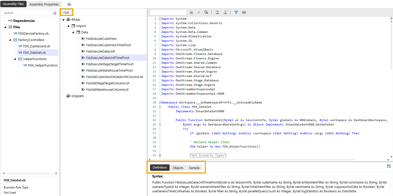 FDX is entered in the search bar and the Definition, Objects, and Sample tabs are outlined